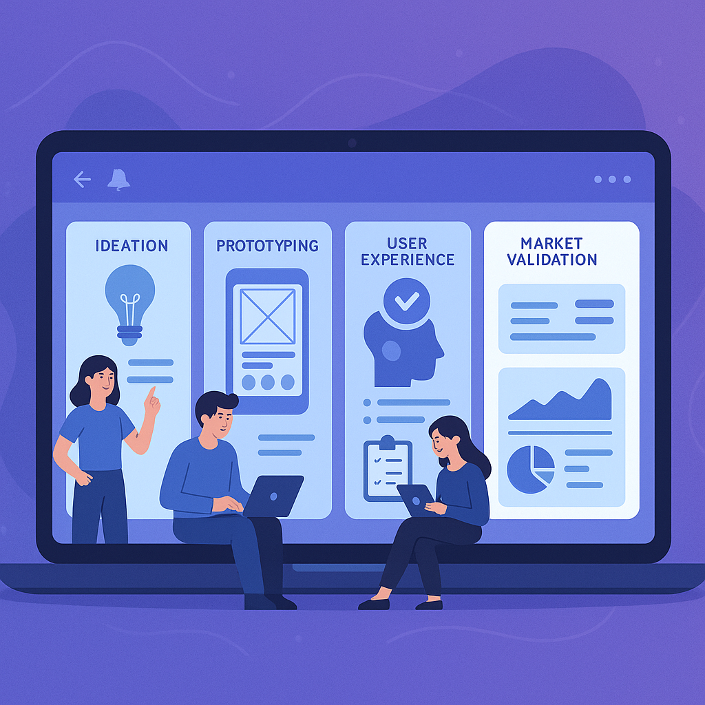 imagem que retrate a plataforma diital com as funcionalidades de ideao  a protipagem experiencia do usuario validao de mercado e dashboard montiromento dos projetos